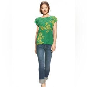 Cabi Green & Yellow Floral Gathered Hem Blouse | XS